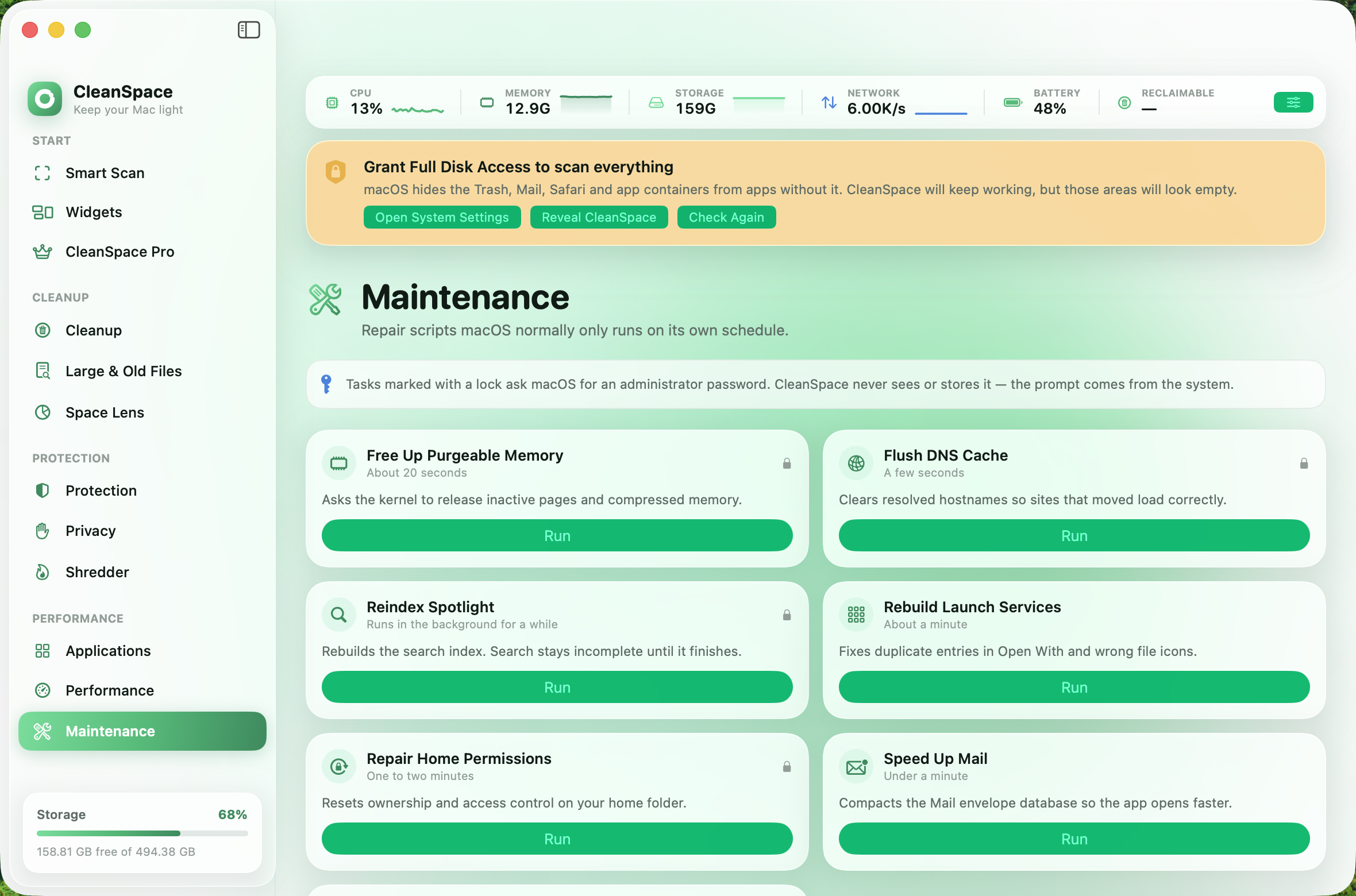 The Maintenance screen listing repair tasks such as flushing the DNS cache and reindexing Spotlight.