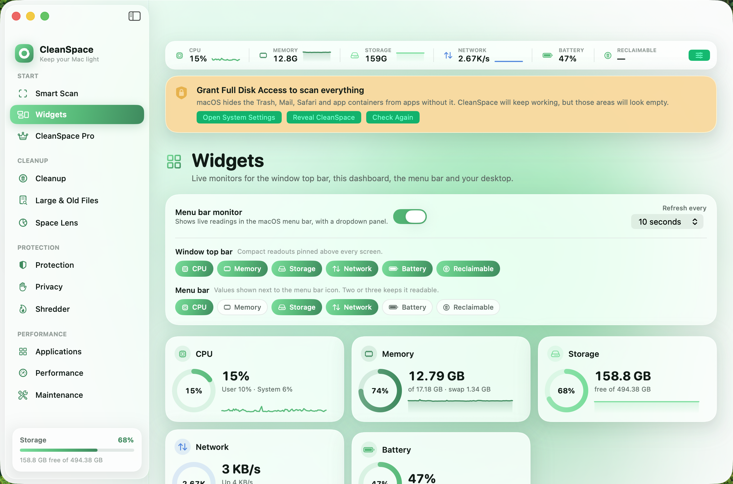 The Widgets dashboard showing CPU, memory, storage, network and battery cards with sparklines.